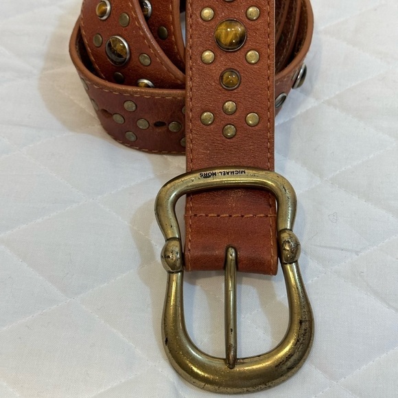 Michael Kors Brown Boho Wide Genuine Leather Beaded Studded Belt Buckle Size L - Picture 6 of 12